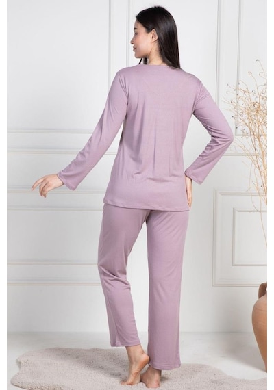 Mecit Pijama Mecit 6104 Bayan Gül Kurusu Büyük Beden Uzun Kollu Pijama Takımı Gülkurusu