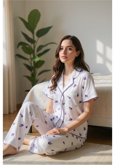 Bella Notte Romantik Pamuklu Lale Desenli Dantel Detaylı Yazlık Pijama Takımı Mor
