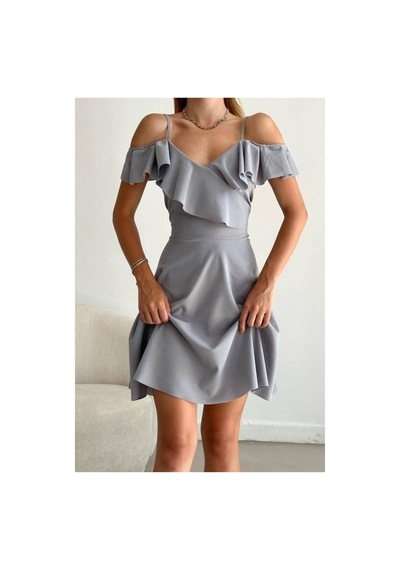 Lior Design Kadın Trend Model Esnek Krep Kumaş Kruvaze Yaka Volanlı Abiye Elbise Gri