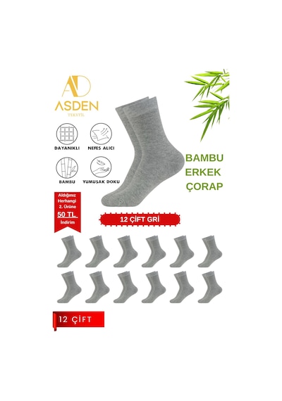 Asden Bambu Erkek Beyaz Soket Çorap 12'li Paket, Burun Dikişsiz, Yıkamalı 12 Çift Gri