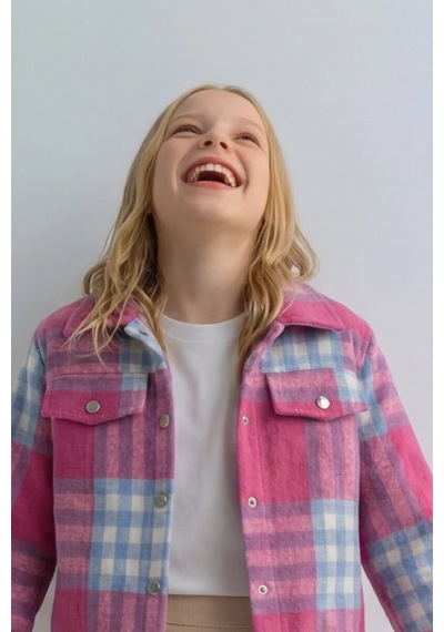 Esila Kids Kız Çocuk Kaşe Ceket Ekose Oduncu Gömlek Pembe