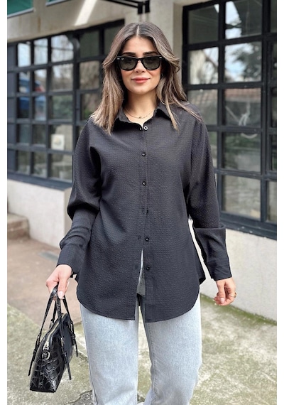 WeShaya Kadın Siyah Basic Model, Gofre Kumaş, Salaş Gömlek Siyah