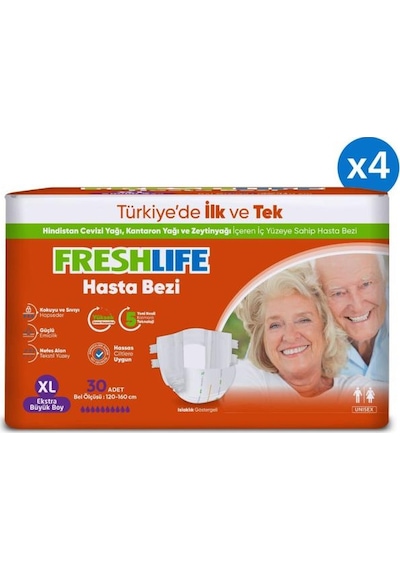 Freshlife 4'lü Xlarge Beden Extra Büyük Boy Yetişkin Hasta Bezi 30x4 120 Adet XL
