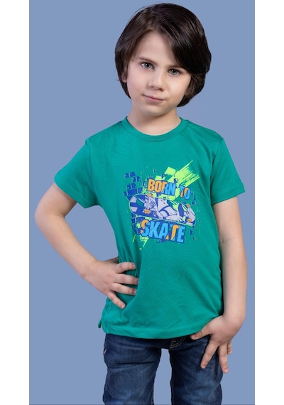 Toontoy Kids Toontoy Erkek Çocuk Baskılı Bisiklet Yaka Kısa Kollu Tişört Koyu Yeşil