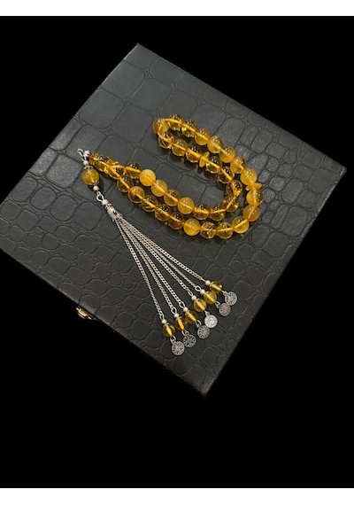 Kaya Damla Kehribar Tesbih 23 Gram 10x10 Mm Gümüş Püsküllü Tespih Sarı
