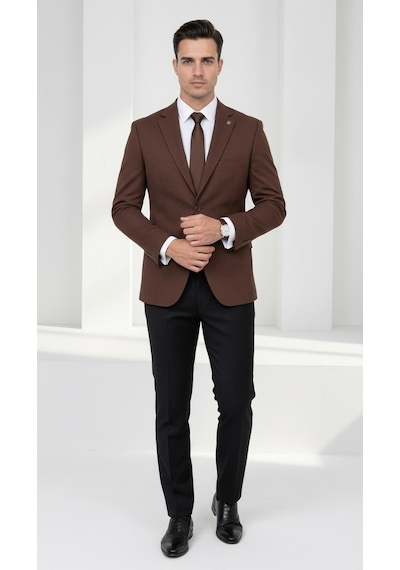 Plus Scorpion Ck 142 Slim Fit Mikro Desenli Erkek Ceket Yazlık Pike Kumaş Çift Yırtmaç Blazer Kahverengi