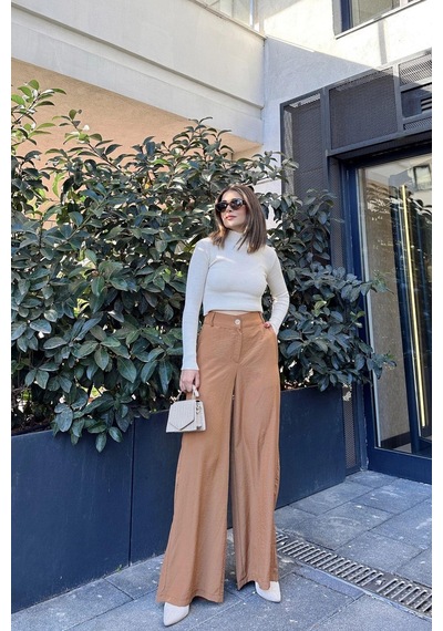 WeShaya Kadın Camel Yüksek Bel, Cepli, Bol Paça Pantolon Karamel
