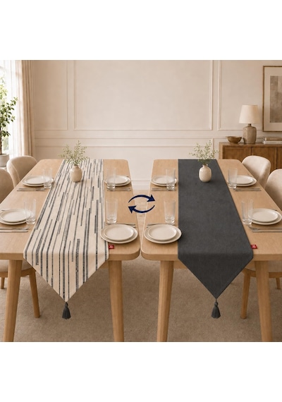 Tek Runner İki Farklı Yüz, Çift Taraflı Kullanım 45 X 150 Cm, Desenli Ve Düz İki Yüzlü Runner, Püsküllü Dekoratif Masa Örtüsü Gri Lacivert Krem Çizgili Desenli Çok Renkli Tek Runner İki Farklı Yüz, Çift Taraflı Kullanım 45 X 150 Cm, Desenli Ve Düz İki Yüzlü Runner, Püsküllü Dekoratif Masa Örtüsü Gri Lacivert Krem Çizgili Desenli Çok Renkli