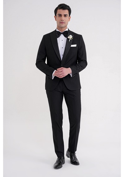 Slim Fit Fleto Cep Çıkarılabilir Saten Yaka Düz Siyah Damatlık Smokin Takım Altro 032 Siyah
