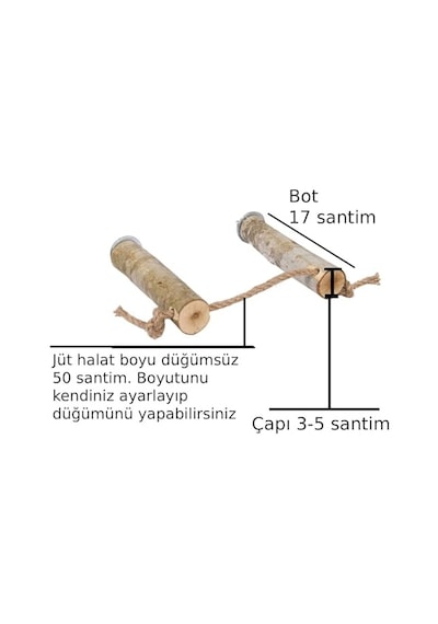 Doğal Ağaç Kuş Ve Papağan Tüneği Jüt Halatlı Ayarlanabilir Boy 17 Santim Doğal Ahşap Tünek 2'li Set Çap 3-5 Cm