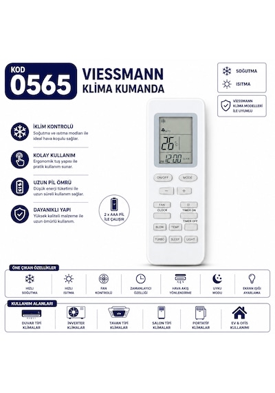 Viessmann 0565 Klima Kumandası Lcd Ekranlı Isıtma Soğutma Fan Turbo Uyku Modu Zamanlayıcı Yedek Kumanda
