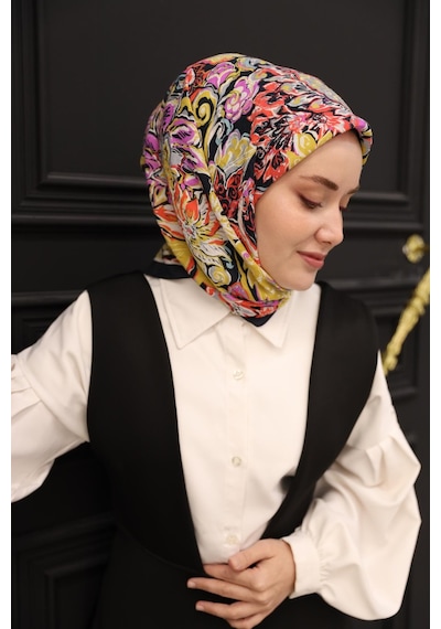 Silk Home Olinda İpek Eşarp 47002-31 Koyu Lacivert, Yağ Yeşili, Beyaz, Turuncu