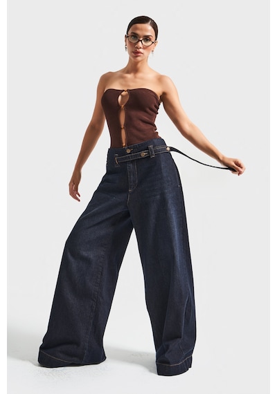 Itsbasic Kadın Koyu Kot Rengi 2w5-128 Süper Palazzo Fit %100 Koton Kemer Detaylı İç Boy 83cm Denim Jean