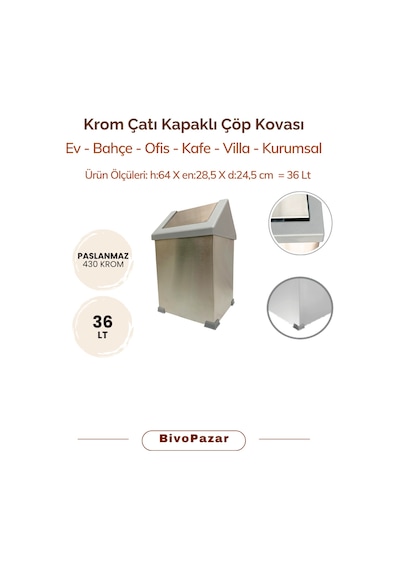 Krom Sallanır Çatı Kapaklı Çöp Kovası 36 Lt Krom