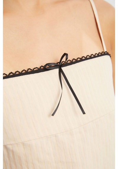 Hiccup Çizgili Kare Yaka Askılı Crop Top Krem Doğal