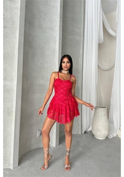 Dip Moda Kadın İçi Şortlu Prenses Mini Elbise Dpnbdf060 Kırmızı
