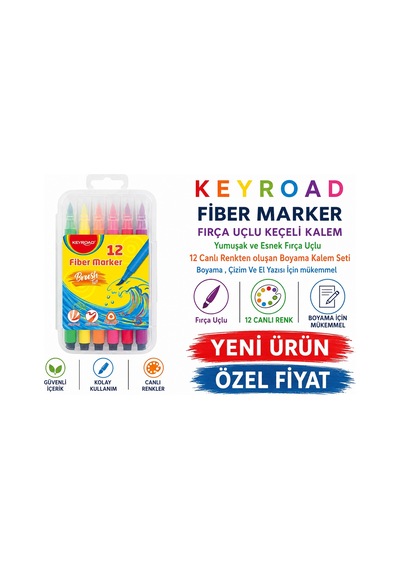 Keyroad Fiber Marker Fırça Uçlu Keçeli Kalem 12 Renk