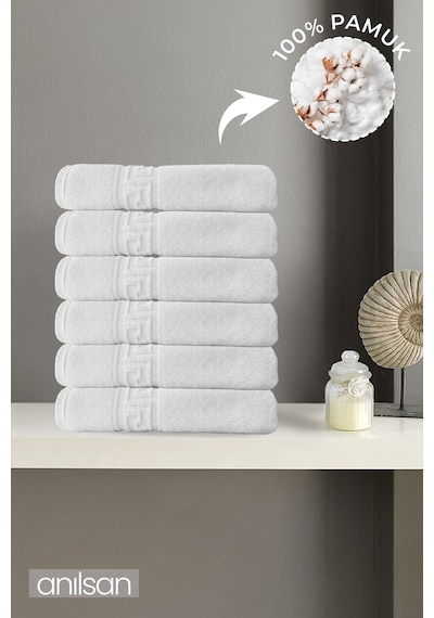 6'lı Beyaz Greek Mini El, Yüz Havlusu 75gr. - 30x50 Cm, %100 Pamuk, Spa Ve Otel Havlusu Beyaz