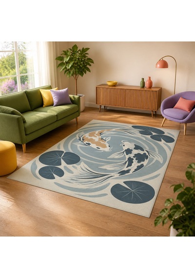 Kartela Halı Koi Balığı Desenli Halı Mavi Kaymaz Taban Makinede Yıkanabilir Salon Halısı 160x240 Cm