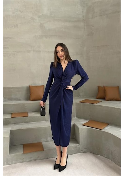 Neşeli Butik Kadın Mavi Anvelop Büzgülü Simli Premium Midi Elbise Nbelb08 Mavi
