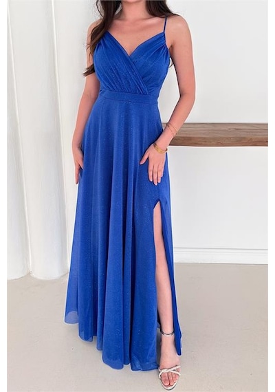 Neşeli Butik Kadın Ayarlanabilir Askılı Yırtmaçlı Tül Abiye Elbise Rys9276 Mavi
