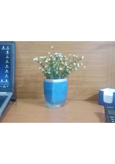 Vazoda Beyaz Yapay Çiçek Dekoratif Gri Mavi Poliresin 8 x 4 x 16 CM