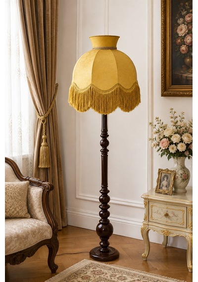 Gold Kadife Başlık Koyu Ceviz Ahşap Ayaklı Lambader Vintage Model 170x50cm Altın