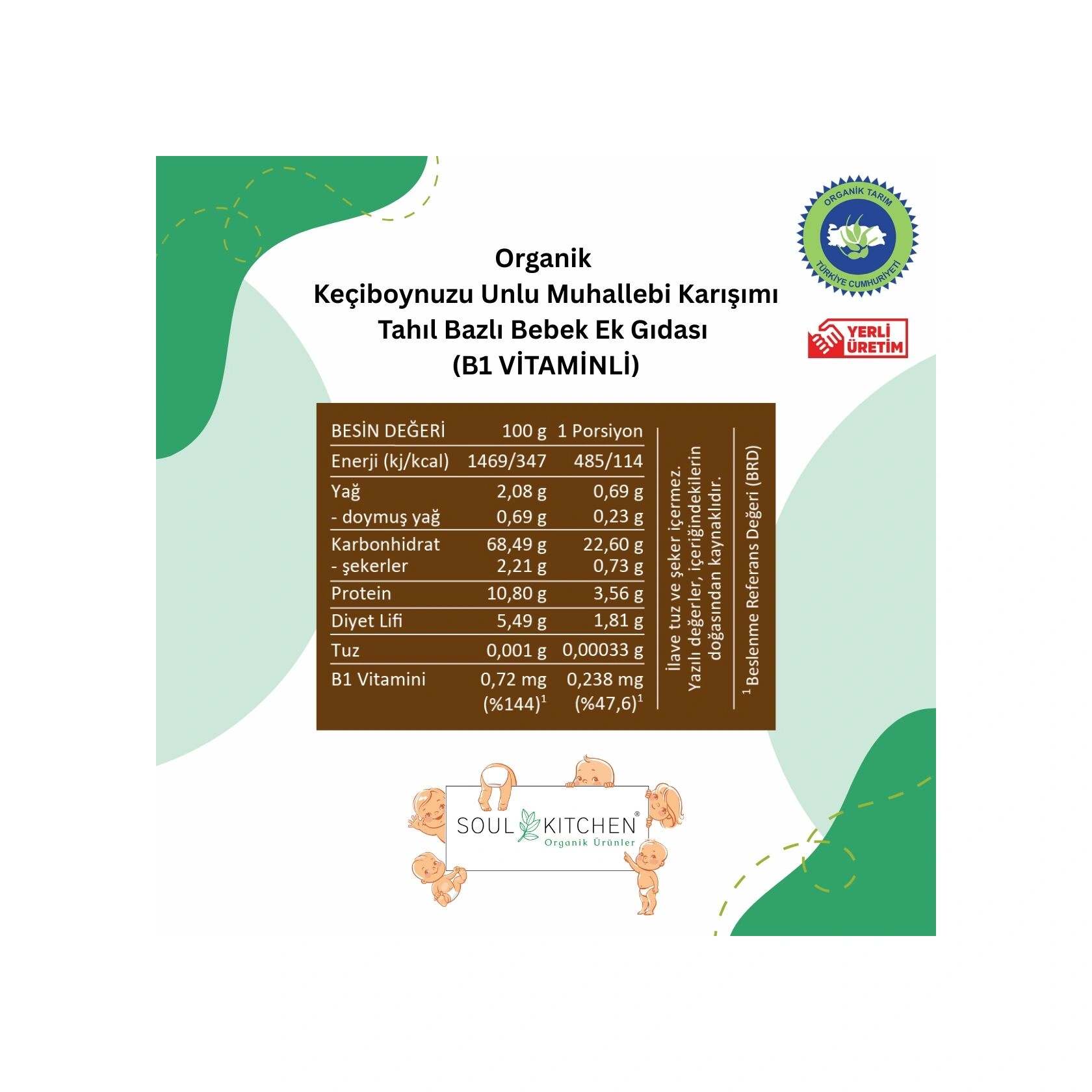 Soul Kitchen Organik Keçiboynuzu Unlu Muhallebi Karışımı Tahıl Bazlı Bebek Ek Gıdası B1 Vitaminli 250 G