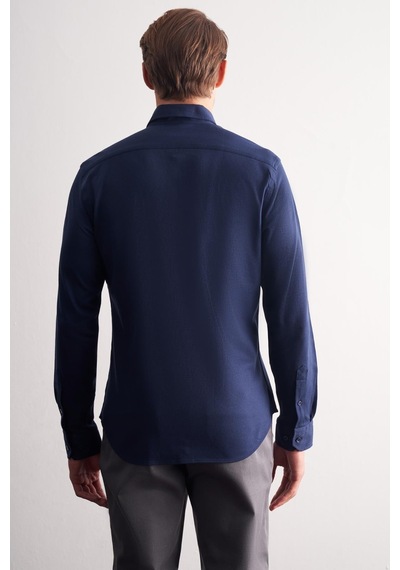 İmza Lacivert Düğmeli Yaka Kendinden Desenli Örme Uzun Kol Performans Ürün Slim Fit %100 Pamuk Gömlek 1004255272 Lacivert