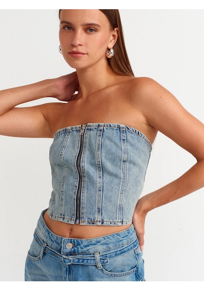 Dilvin Arka Bölümü Kroşetalı Denim Büstiyer Tint