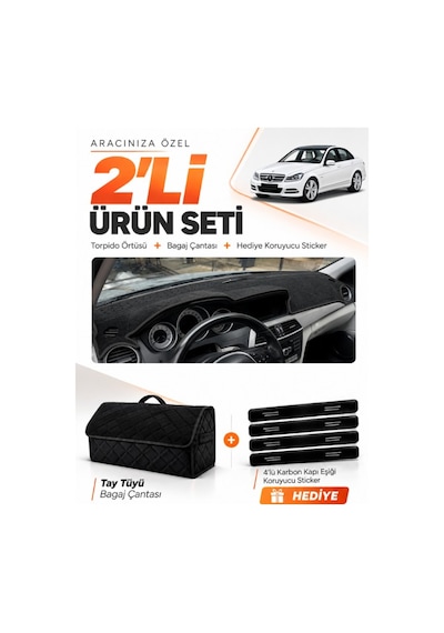 E-biz Mercedes W204 C180 2007-2014 Uyumlu Torpido Örtüsü + Tay Tüyü Bagaj Çantası - Siyah - Mb006