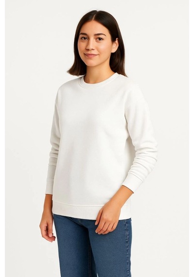 Mbb E-ticaret Kadın 3 İplik Pamuklu Düz Bisiklet Yaka Sweatshirt - Beyaz