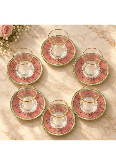 6 Kişilik Çay Seti Çay Bardağı Takımı Pembe Çiçekli Altın Yaldızlı