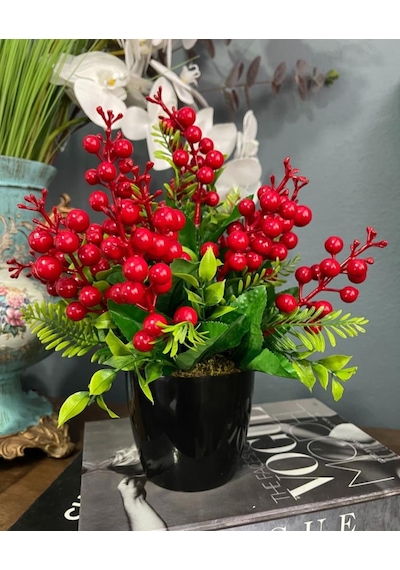 Yapay Çiçek Yılbaşı Çiçeği Kırmızı Kokina Siyah Saksıda 14 Dal 30*25cm