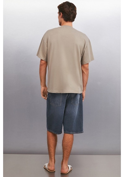 Grimelange Maddox Erkek %100 Organik Pamuklu Baskı Detaylı Kalın Dokulu Oversize Fit Vizon T-shirt