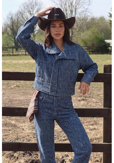 Kadın Mavi 9w6-197 Crop Kruvaze Özel Kumaş Tasarım Denim Ceket