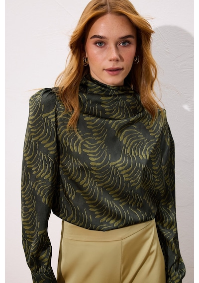 Sateen Drape Detaylı Desenli Bluz - Yeşil-136746 Yeşil