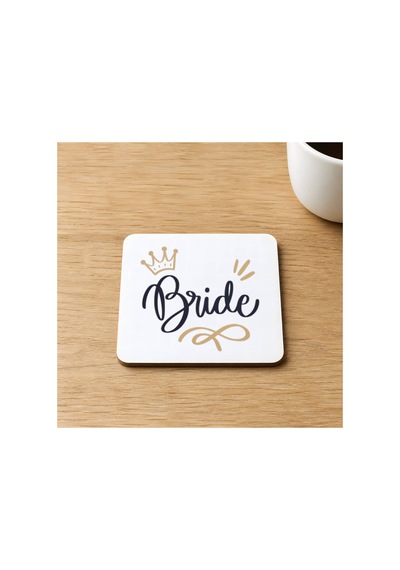 Bride Yazılı Taç Baskılı 9x9 Cm Kare Mdf Bardak Altlığı Ahşap Çok Renkli