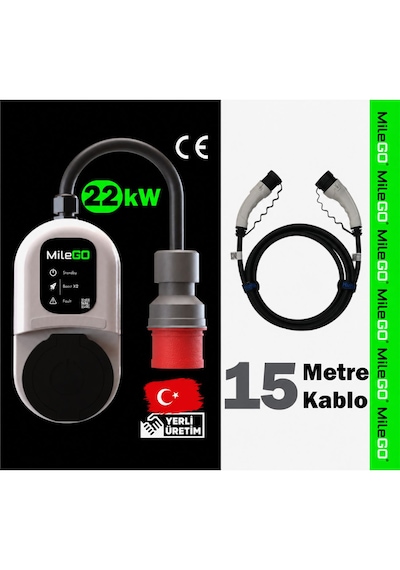 Milego 22kw 11kw Şarj İstasyonu 15 Metre Kablolu Set Taşınabilir Elektrikli Araç Şarj Cihazı Ce Sertifikalı Tip 2 16a/32a 22 Kw
