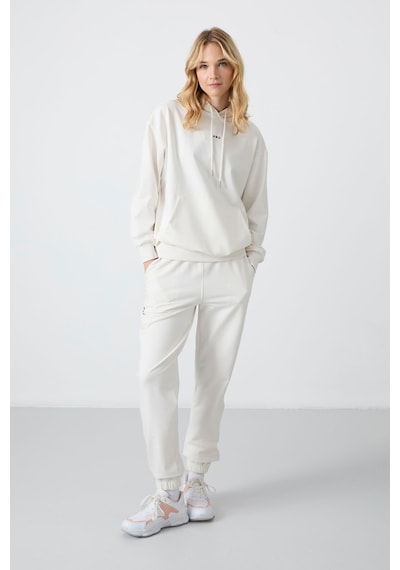 Tommy Life Ekru Kapüşonlu Kanguru Cep Oversize Lastik Paça Kadın Eşofman Takımı - 95288 Ekru