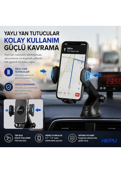 Hp-a21 Uzun Kollu Araç İçi Telefon Tutucu Karbon Desenli Gövde + Vantuz Taban Cam & Torpido Uyumlu 2 Mixed
