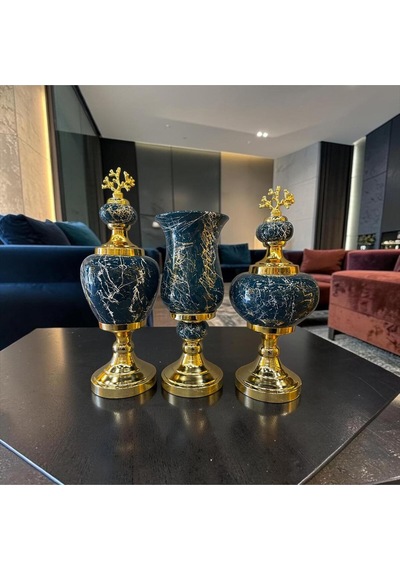 Sleep Nova Emerald Black Marble Gold Detaylı Üçlü Vazo ve Obje Seti