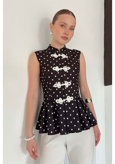 Verymoda Çin Düğmeli Puantiyeli Bluz D3074 Siyah