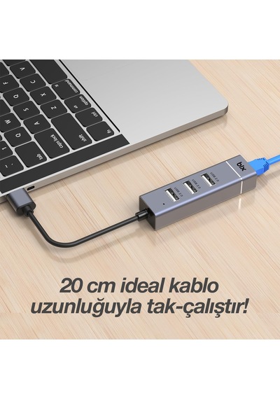 Bx03hb Usb 2.0 Hub 3 Port Ve Rj45 Ethernet Adaptör 10/100mbps Macbook Uyumlu Çoklayıcı 3 Adet Usb 2.0 Ve 1 Adet Ethernet