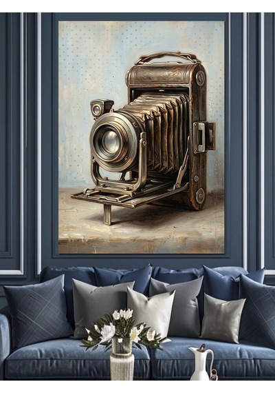 Teknik Çizimli Antik Fotoğraf Makinesi Dekoratif Kanvas - Mdf Ahşap Tablo