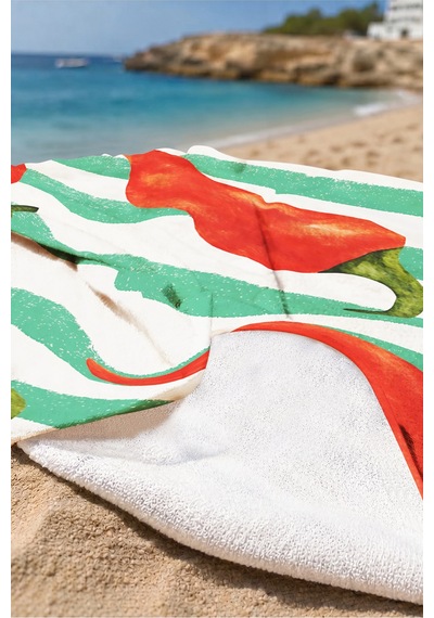 Çizgili Biber Temalı Modern Plaj Havlusu-akdeniz Stili Kırmızı Yeşil Hızlı Kuruyan Mikrofiber Havlu Bulut Kumul