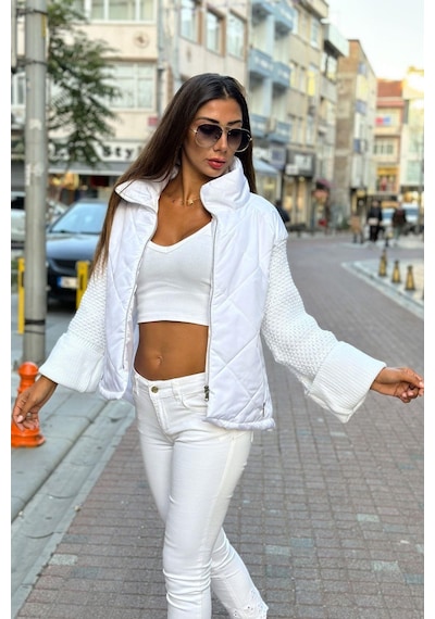 Keyifli Moda Kadın Beyaz Dik Yaka Kolları Triko Cepleri Fermuarlı Şişme Mont - 36 Beyaz