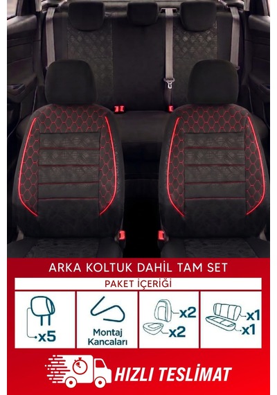Lexroo Gof Serisi Universal Oto Koltuk Kılıfı Tam Set Siyah Kırm