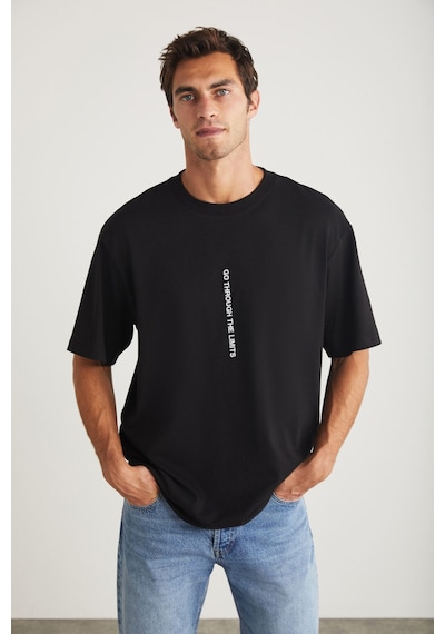 Grimelange Harald Erkek Bisiklet Yaka %100 Pamuk Baskı Detaylı Siyah T-shirt