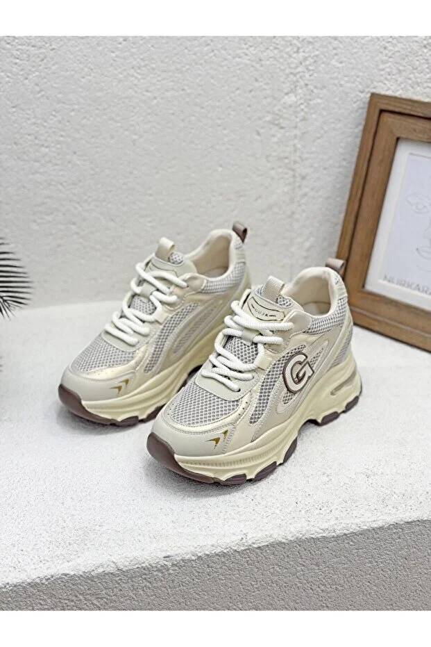Guja 26y323 Kadın Kalın Taban Simli Sneaker Ayakkabı Bej